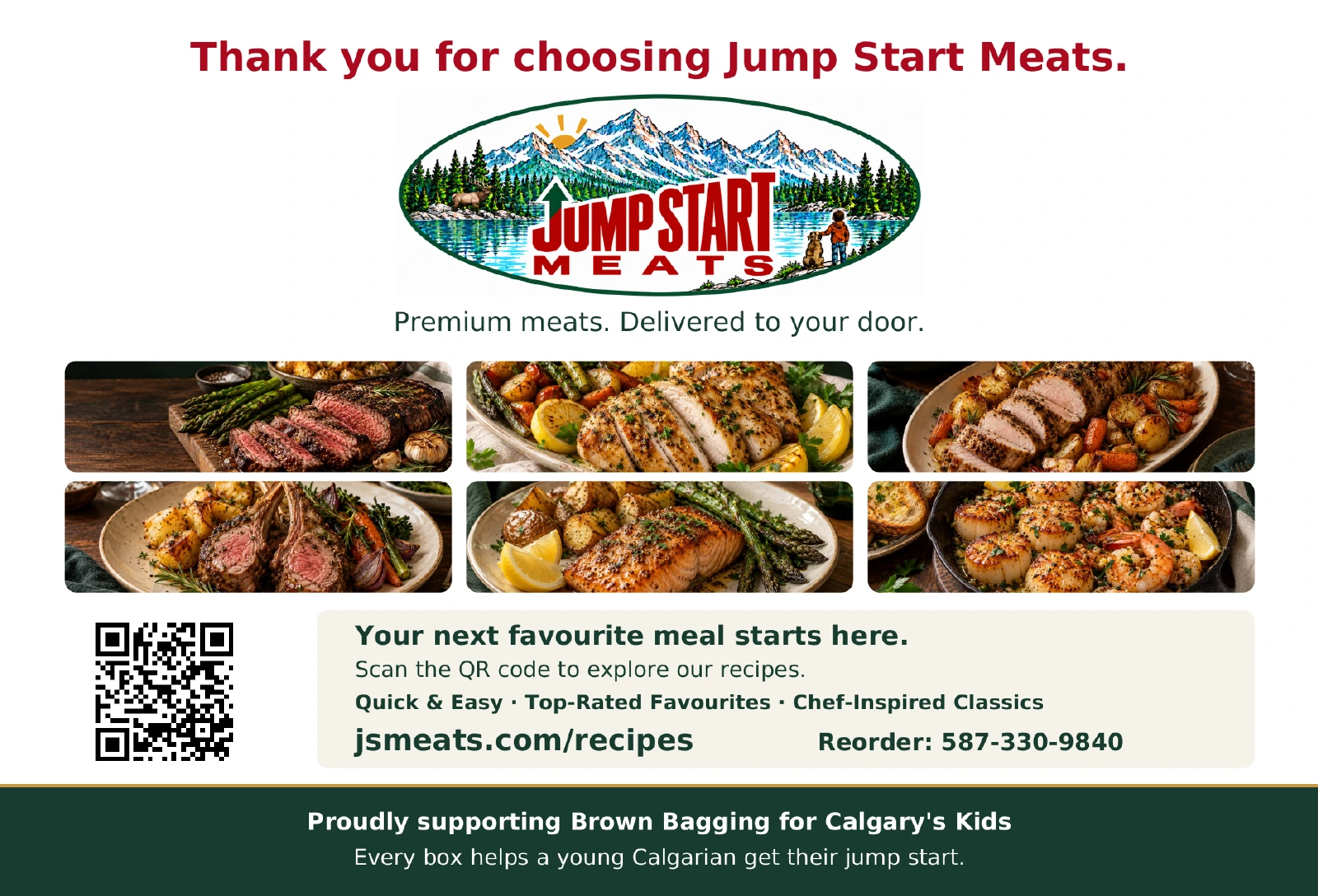 Jump Start Meats printed recipe card with thank-you message, six dishes, recipe QR code and Brown Bagging for Calgary’s Kids support line